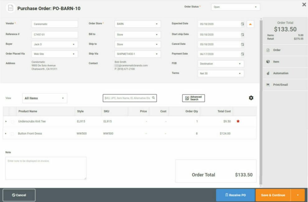 purchased orders in POS system