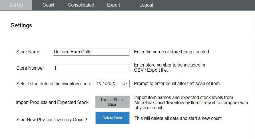 MicroBiz POS Inventory Count App - Set Up